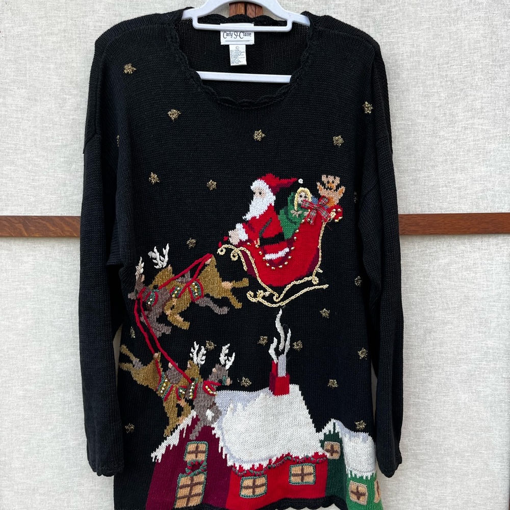 Vintage Carly St. Claire Festive Black Christmas Santa Ugly Sweater Dress - L